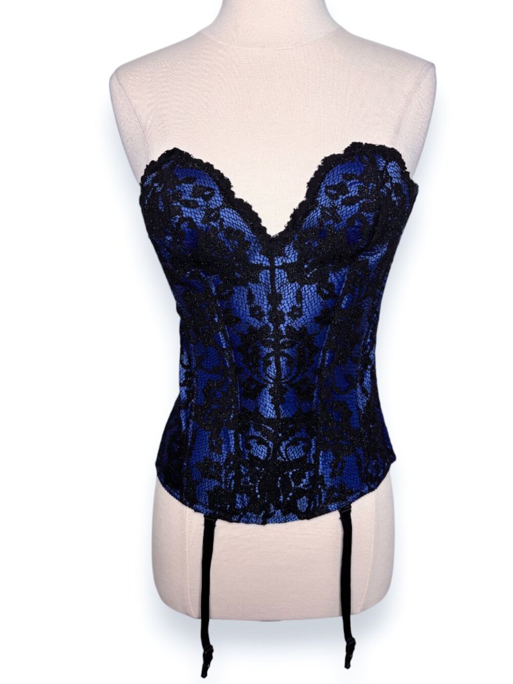 Frederick's of Hollywood Blue Black Lace Imogen Pearl Strapless Corset Size 32